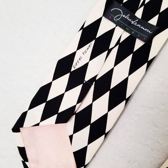John Lennon Artwork Original 100% Silk John & Yoko Eiffel Tower Checker Neck Tie - Picture 4 of 13